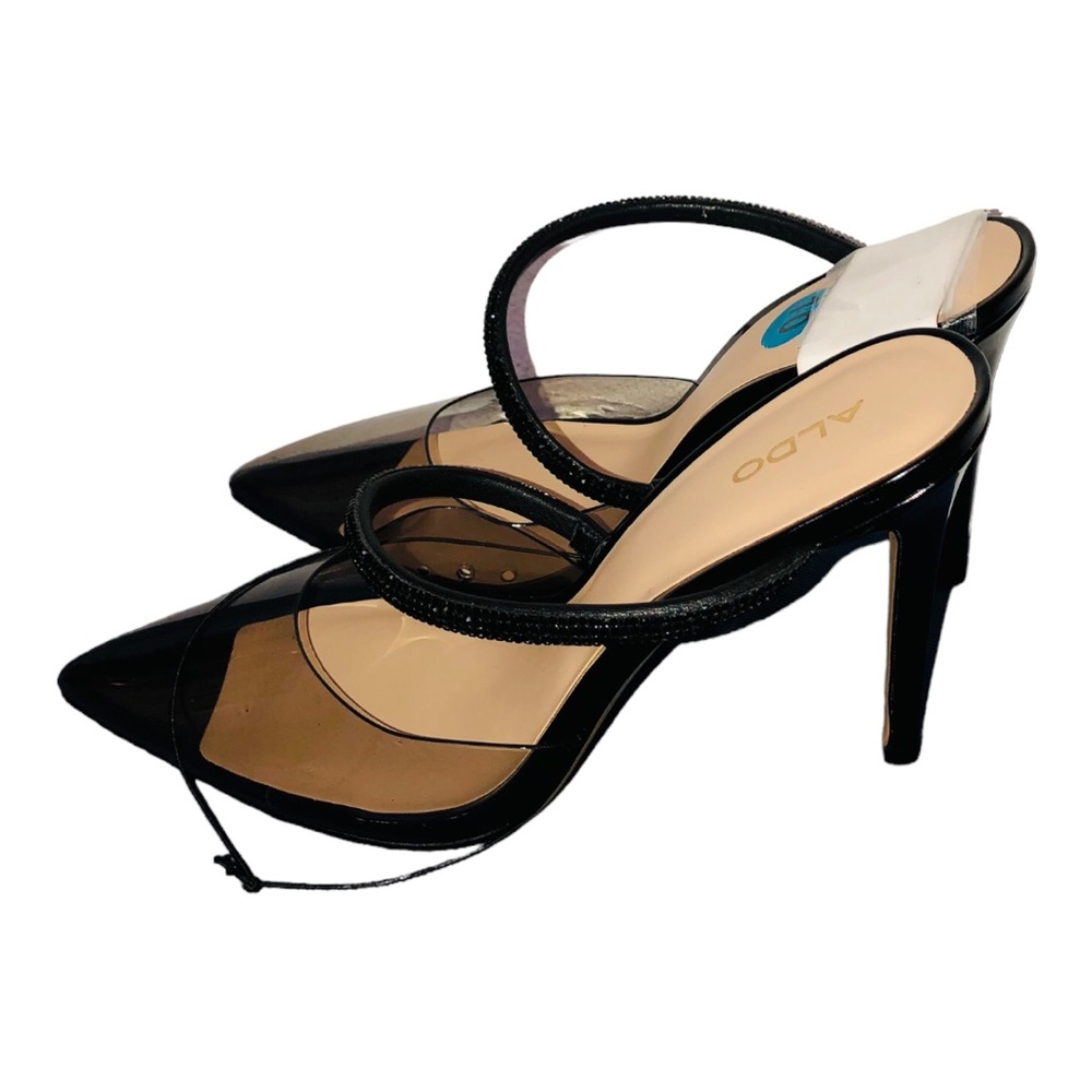 Aldo black clear vinyl acrylic crystal strap pointy toe stiletto mules size 10 - Picture 6 of 16